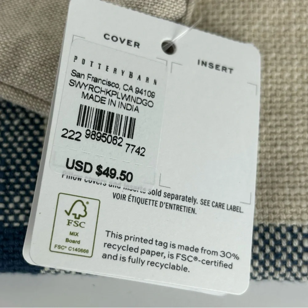 Pottery Barn Sawyer Check in Cream& blue pillow cover-NWT - Picture 10 of 10